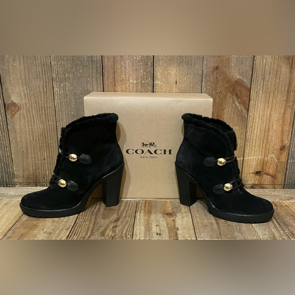 Coach Lenora Suede Boots with Shearling Lining & Logo Button Accents. - Picture 5 of 16